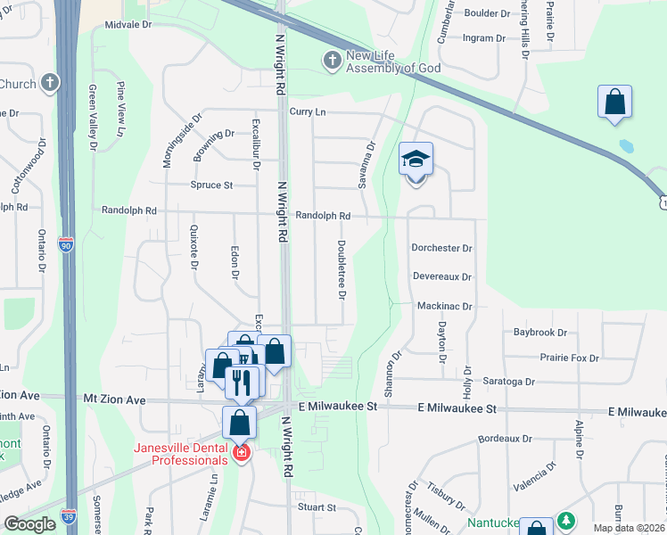 map of restaurants, bars, coffee shops, grocery stores, and more near 1717 Doubletree Drive in Janesville