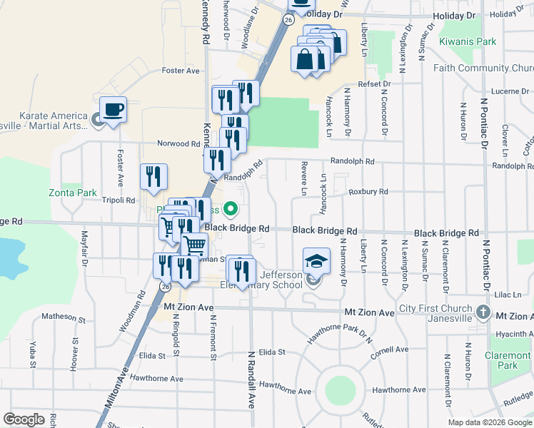 map of restaurants, bars, coffee shops, grocery stores, and more near 1721 Tamarack Lane in Janesville