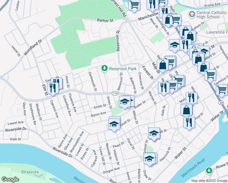 map of restaurants, bars, coffee shops, grocery stores, and more near 581 Massachusetts 110 in Lawrence