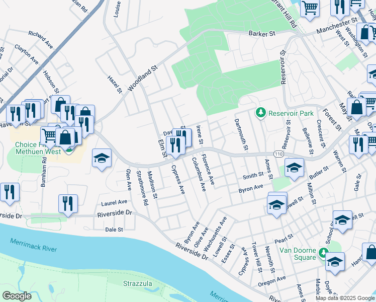 map of restaurants, bars, coffee shops, grocery stores, and more near 713 Haverhill Street in Lawrence