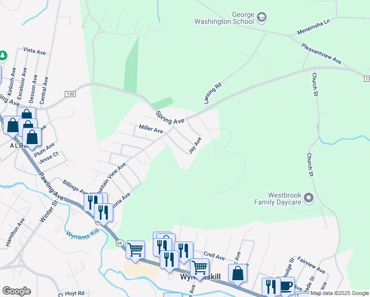 map of restaurants, bars, coffee shops, grocery stores, and more near 12 Sanford Avenue in Troy