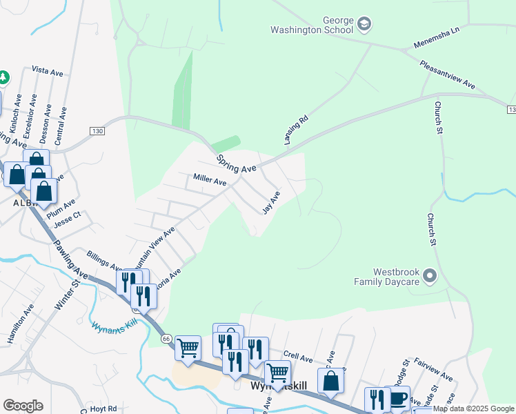 map of restaurants, bars, coffee shops, grocery stores, and more near 12 Sanford Avenue in Troy