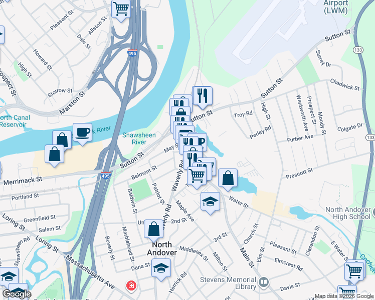 map of restaurants, bars, coffee shops, grocery stores, and more near 44 Main Street in North Andover