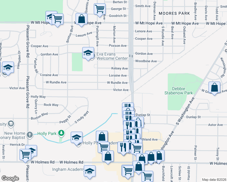 map of restaurants, bars, coffee shops, grocery stores, and more near 1305 Victor Avenue in Lansing