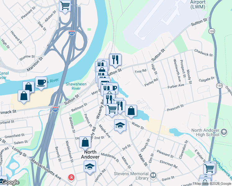 map of restaurants, bars, coffee shops, grocery stores, and more near 38 Saunders Street in North Andover