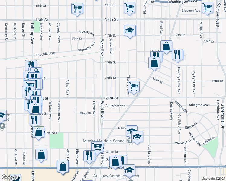 map of restaurants, bars, coffee shops, grocery stores, and more near 2045 Deane Boulevard in Racine