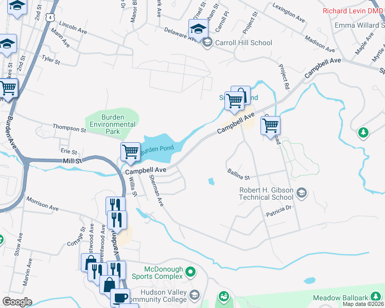 map of restaurants, bars, coffee shops, grocery stores, and more near 94 Campbell Avenue in Troy