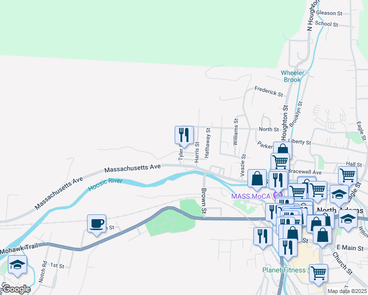 map of restaurants, bars, coffee shops, grocery stores, and more near 42 Tyler Street in North Adams