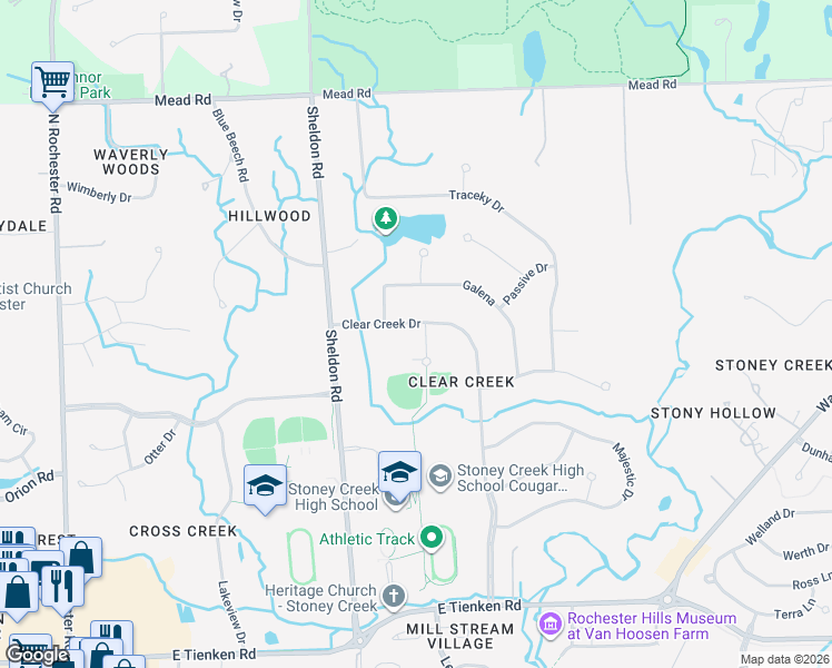 map of restaurants, bars, coffee shops, grocery stores, and more near 1484 Clear Creek Drive in Rochester Hills