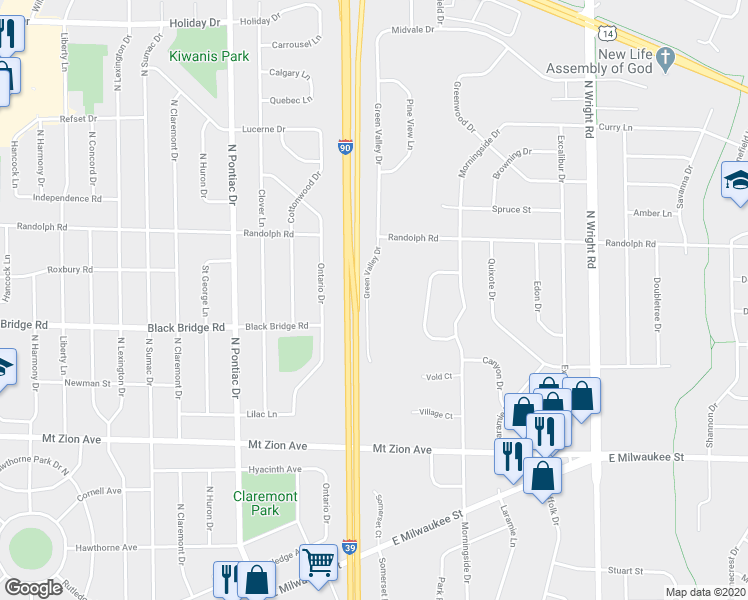 map of restaurants, bars, coffee shops, grocery stores, and more near 1804 Green Valley Drive in Janesville