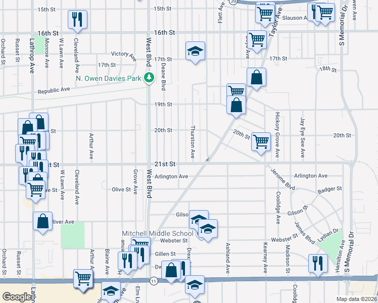 map of restaurants, bars, coffee shops, grocery stores, and more near 2044 Thurston Avenue in Racine