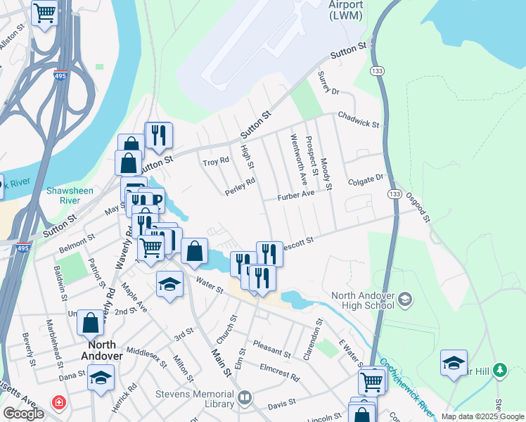 map of restaurants, bars, coffee shops, grocery stores, and more near 126 High Street in North Andover