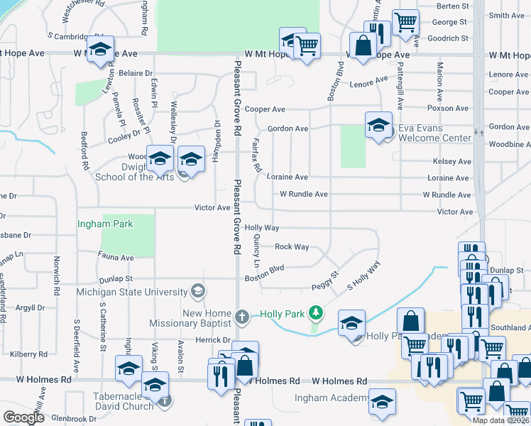 map of restaurants, bars, coffee shops, grocery stores, and more near 2011 Victor Avenue in Lansing