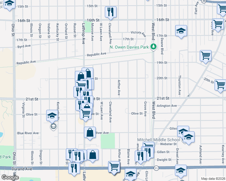 map of restaurants, bars, coffee shops, grocery stores, and more near 2041 Cleveland Avenue in Racine