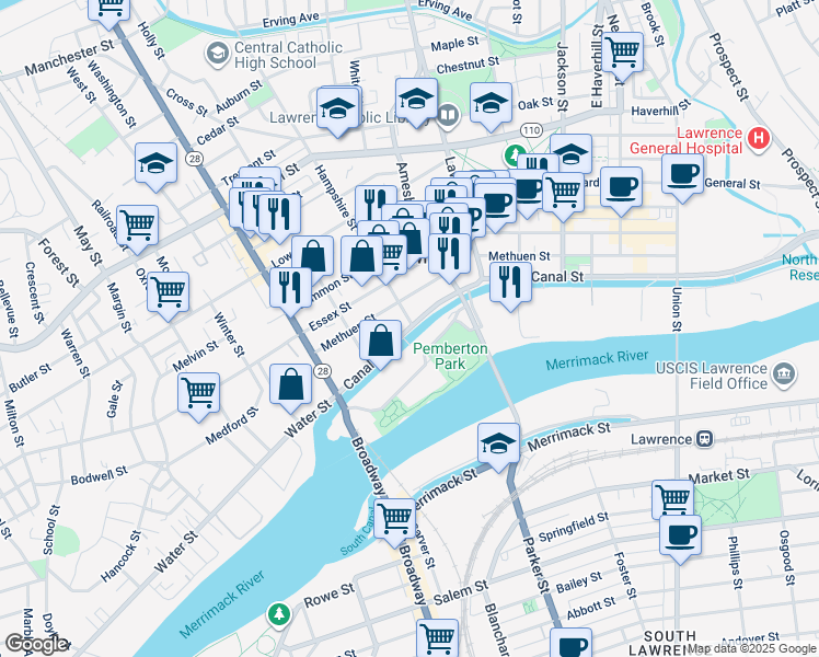 map of restaurants, bars, coffee shops, grocery stores, and more near 433 North Canal Street in Lawrence