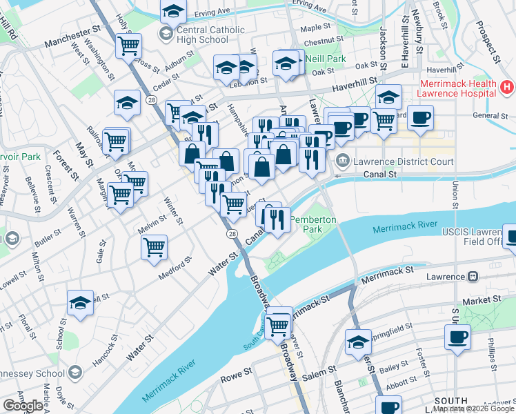 map of restaurants, bars, coffee shops, grocery stores, and more near in Lawrence