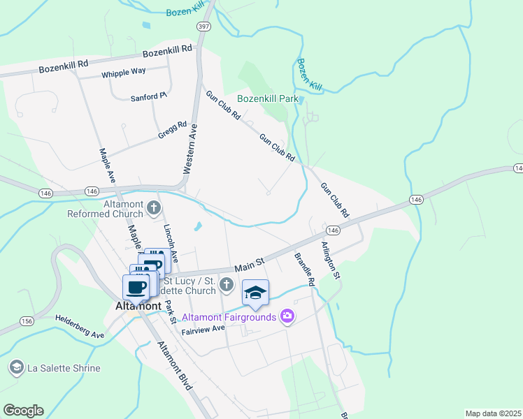 map of restaurants, bars, coffee shops, grocery stores, and more near 17 Marian Court in Altamont