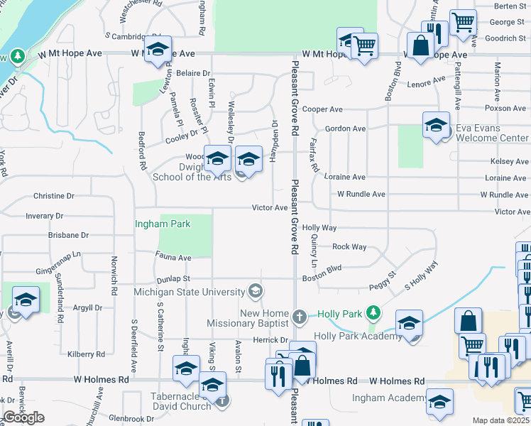 map of restaurants, bars, coffee shops, grocery stores, and more near 2229 Victor Avenue in Lansing
