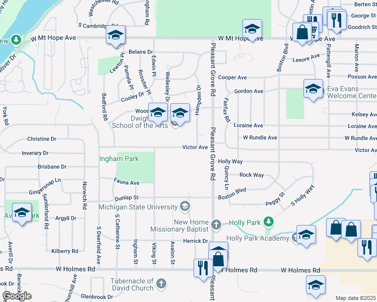 map of restaurants, bars, coffee shops, grocery stores, and more near 2409 Victor Avenue in Lansing