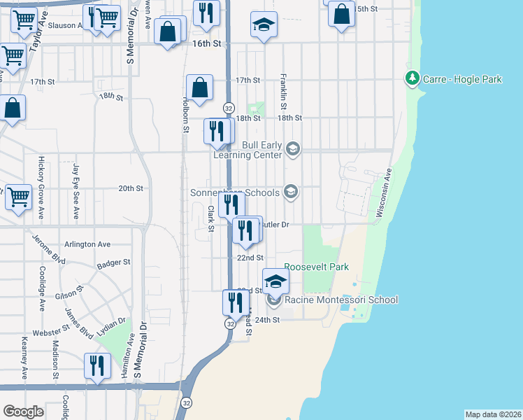 map of restaurants, bars, coffee shops, grocery stores, and more near 2029 Mead Street in Racine