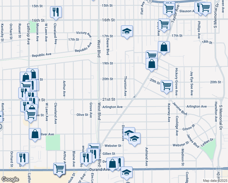 map of restaurants, bars, coffee shops, grocery stores, and more near 2045 Deane Boulevard in Racine
