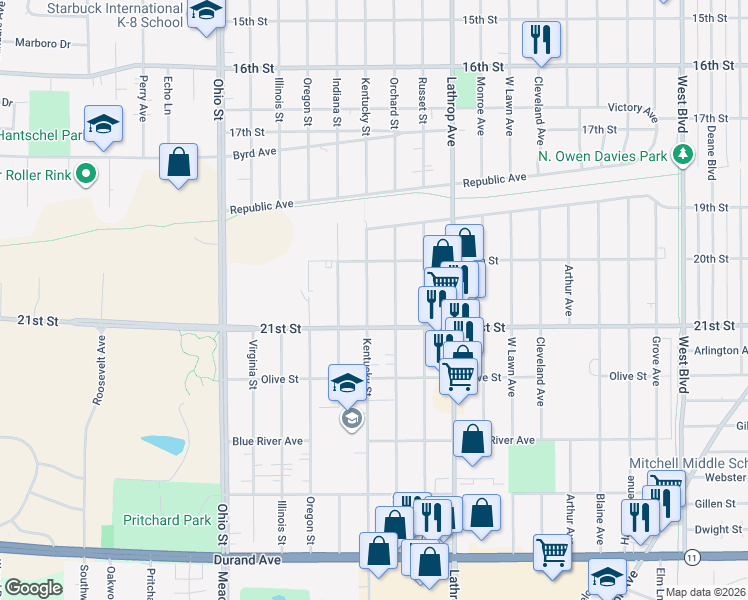 map of restaurants, bars, coffee shops, grocery stores, and more near 2039 Kentucky Street in Racine