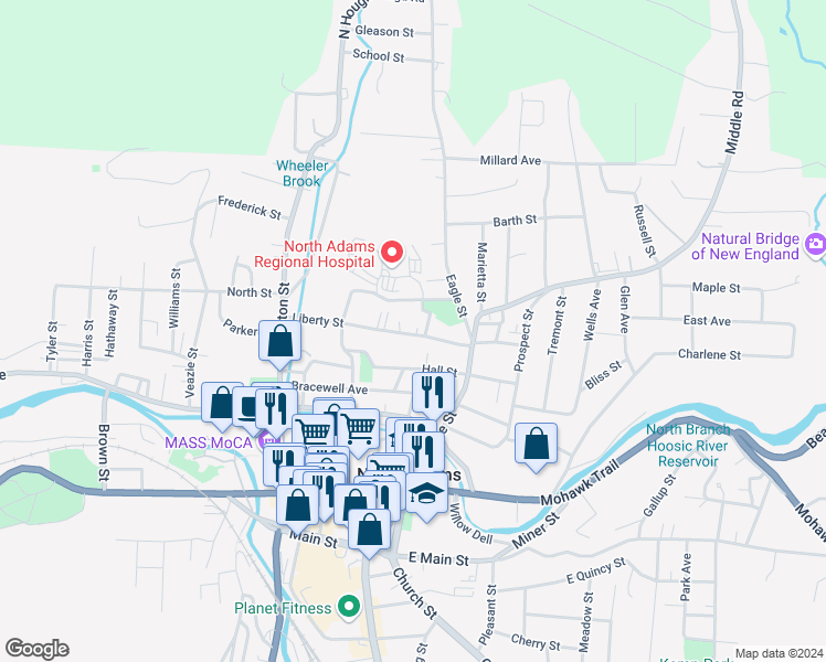 map of restaurants, bars, coffee shops, grocery stores, and more near 61 Liberty Street in North Adams