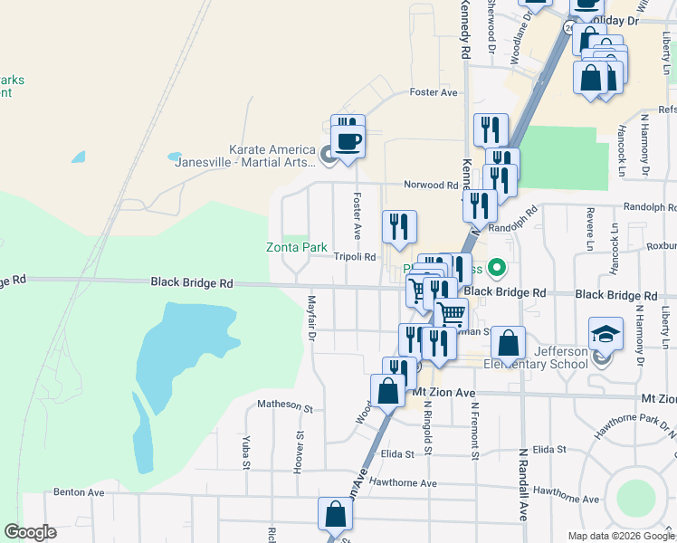 map of restaurants, bars, coffee shops, grocery stores, and more near 1715 Sousa Court in Janesville