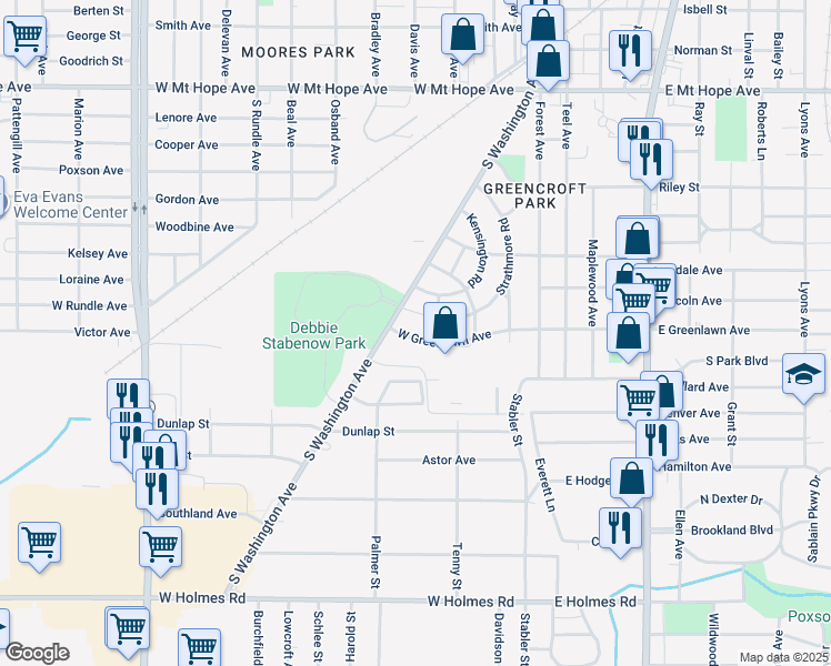map of restaurants, bars, coffee shops, grocery stores, and more near 418 West Greenlawn Avenue in Lansing