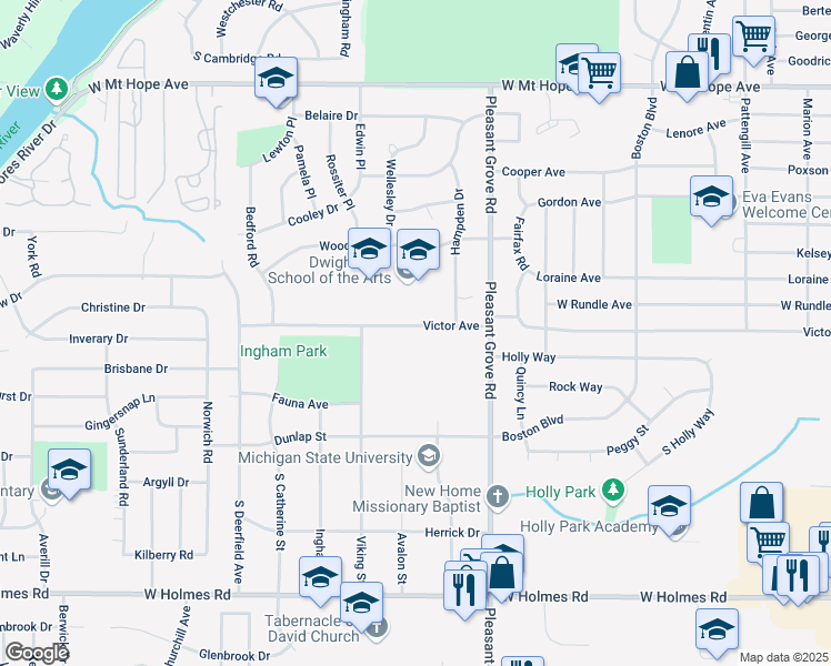 map of restaurants, bars, coffee shops, grocery stores, and more near 2409 Victor Avenue in Lansing