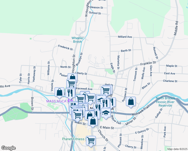 map of restaurants, bars, coffee shops, grocery stores, and more near 119 Liberty Street in North Adams