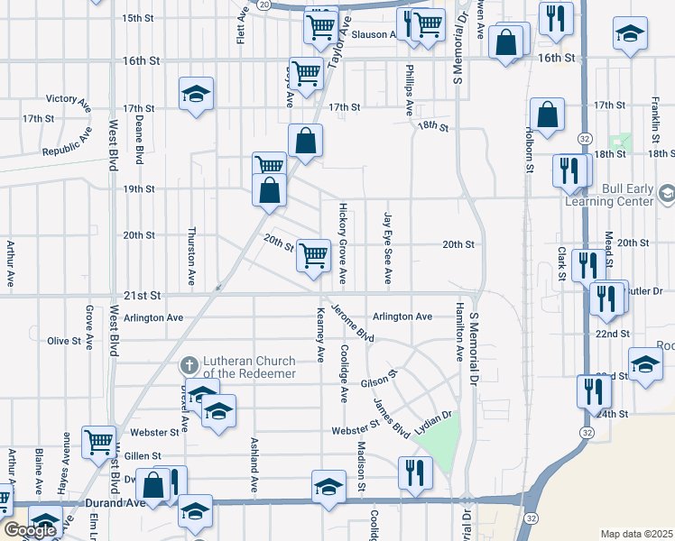 map of restaurants, bars, coffee shops, grocery stores, and more near 2028 Hickory Grove Avenue in Racine