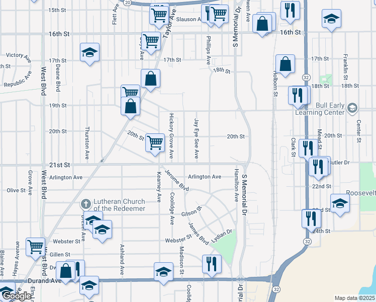 map of restaurants, bars, coffee shops, grocery stores, and more near 2029 Case Avenue in Racine