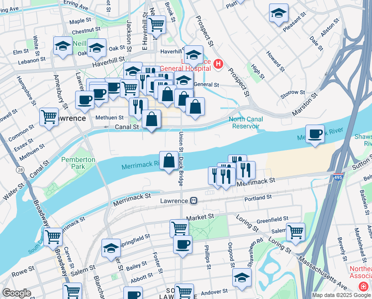 map of restaurants, bars, coffee shops, grocery stores, and more near 1 Union Street in Lawrence