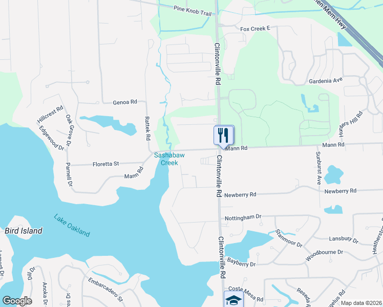 map of restaurants, bars, coffee shops, grocery stores, and more near 3045 Mann Road in Waterford Township