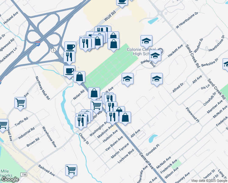 map of restaurants, bars, coffee shops, grocery stores, and more near 25 Hackett Avenue in Albany