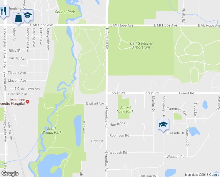 map of restaurants, bars, coffee shops, grocery stores, and more near 2613 Aurelius Road in Lansing