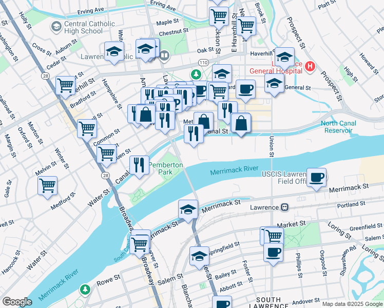map of restaurants, bars, coffee shops, grocery stores, and more near 300 Canal Street in Lawrence