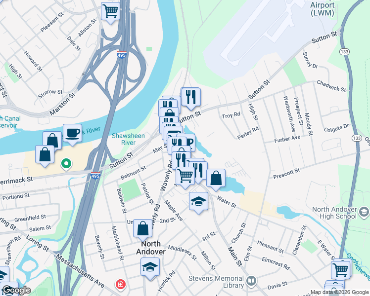 map of restaurants, bars, coffee shops, grocery stores, and more near 38 Saunders Street in North Andover