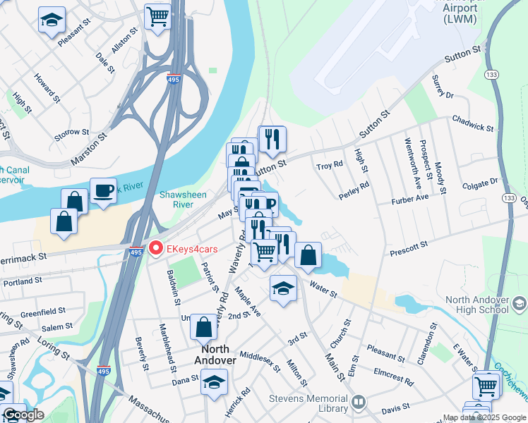 map of restaurants, bars, coffee shops, grocery stores, and more near 38 Saunders Street in North Andover