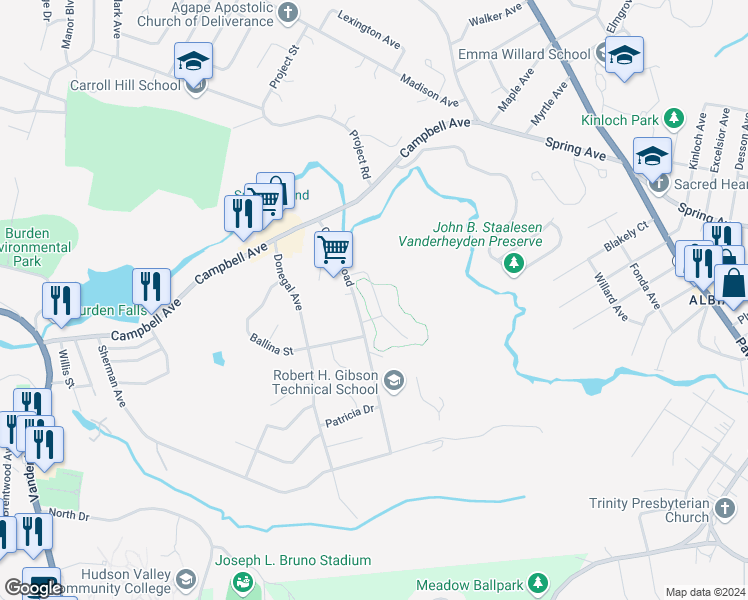 map of restaurants, bars, coffee shops, grocery stores, and more near 113 Country Garden Apartment in Troy