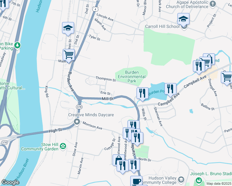 map of restaurants, bars, coffee shops, grocery stores, and more near 2 Erie Street in Troy