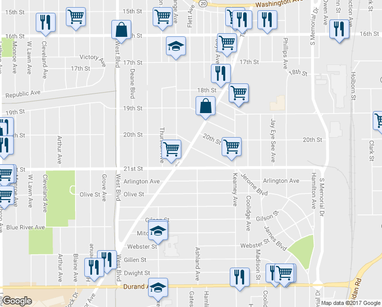 map of restaurants, bars, coffee shops, grocery stores, and more near 2013 Taylor Avenue in Racine