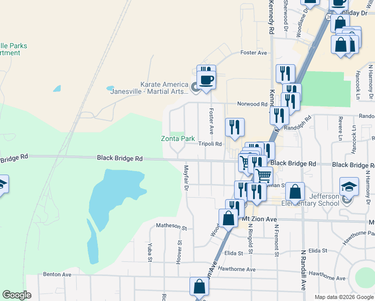 map of restaurants, bars, coffee shops, grocery stores, and more near 1724 Mayfair Drive in Janesville