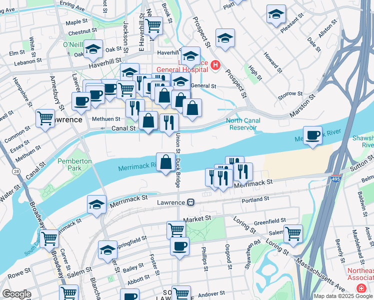 map of restaurants, bars, coffee shops, grocery stores, and more near 1 Union Street in Lawrence