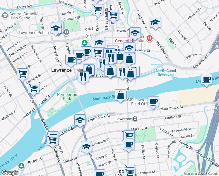 map of restaurants, bars, coffee shops, grocery stores, and more near 240 Canal Street in Lawrence
