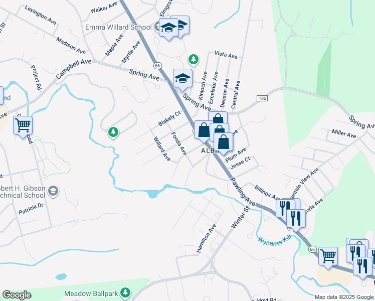 map of restaurants, bars, coffee shops, grocery stores, and more near 16 Woodlawn Court in Troy