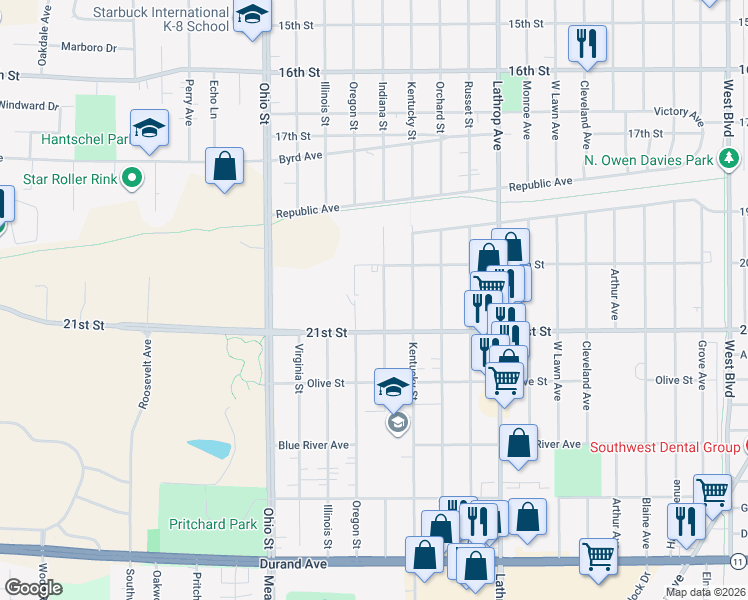 map of restaurants, bars, coffee shops, grocery stores, and more near 2034 Indiana Street in Racine