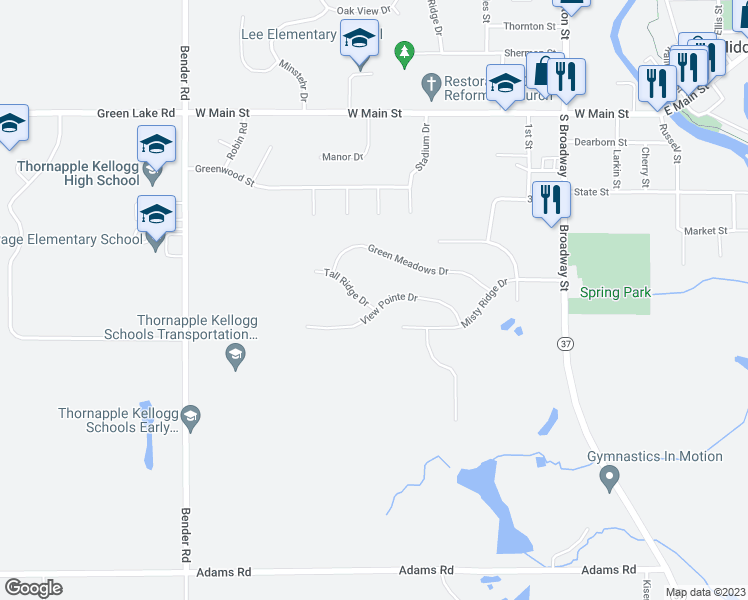map of restaurants, bars, coffee shops, grocery stores, and more near 900 View Pointe Drive in Middleville