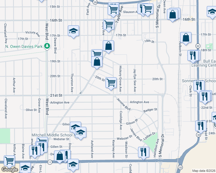 map of restaurants, bars, coffee shops, grocery stores, and more near 2315 20th Street in Racine